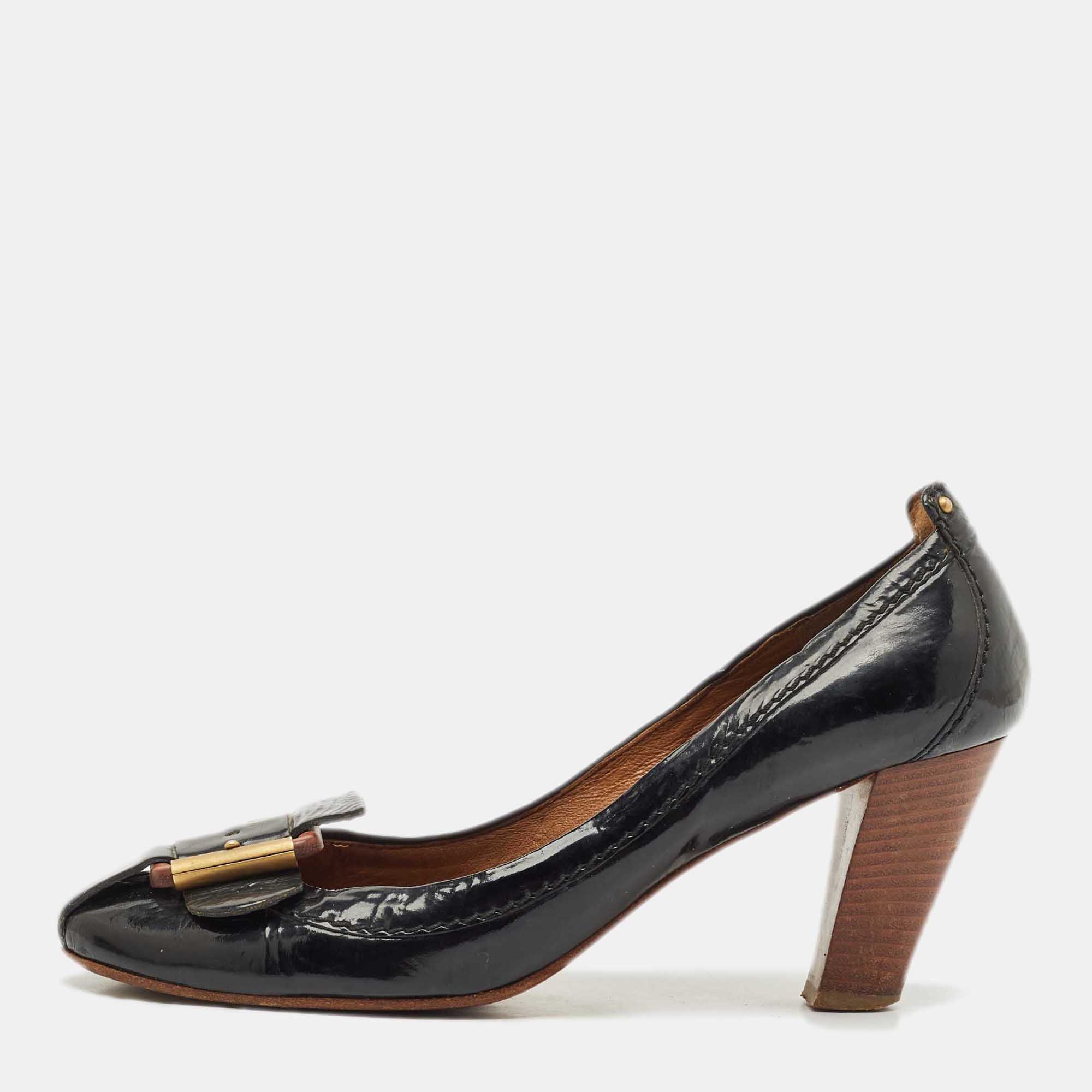 

Chloe Black Patent Leather Buckle Detail Block Heel Pumps Size