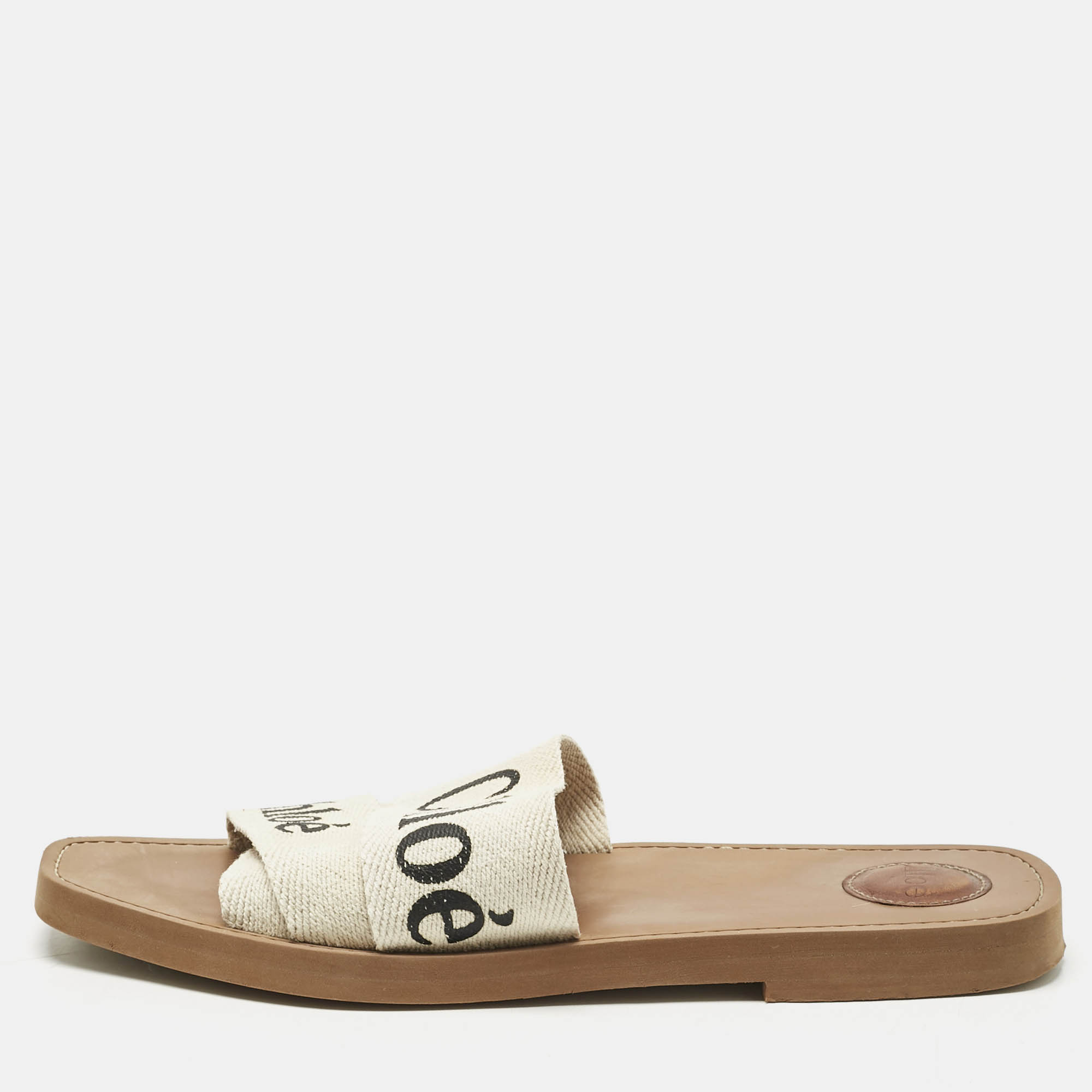 

Chloe Off White Logo Print Canvas Woody Flat Slides Size