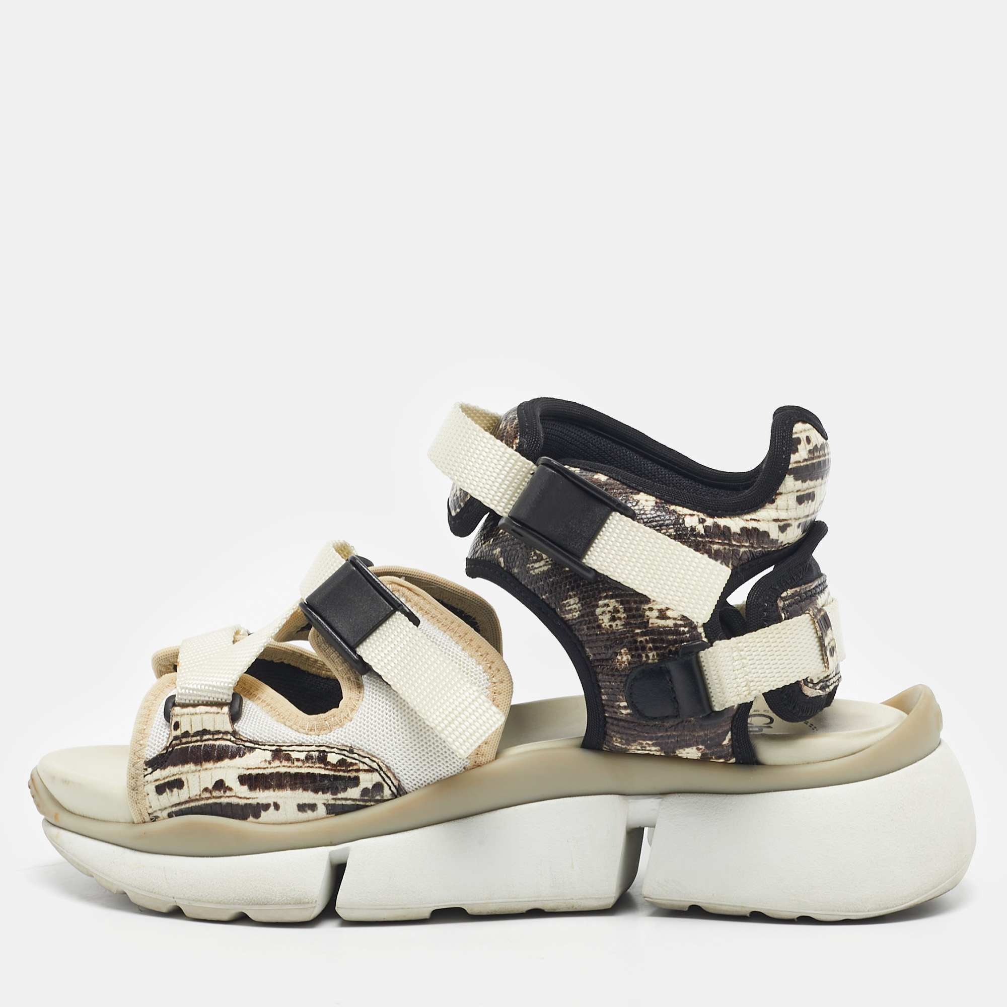 

Chloe Beige/Brown Lizard Embossed Leather and Mesh Flat Sandals Size