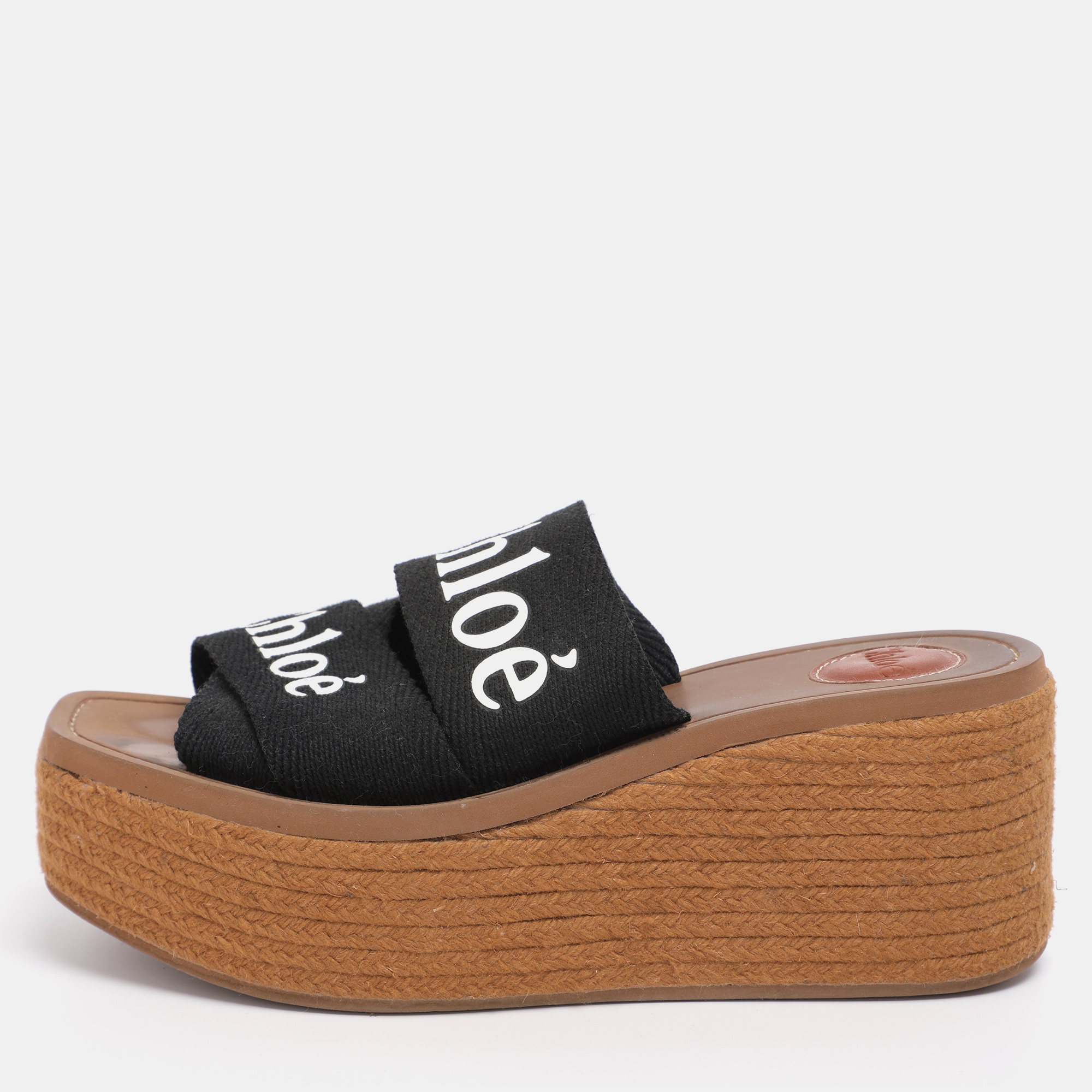 

Chloe Black Canvas Logo Print Wedge Espadrilles Platform Slide Sandals Size