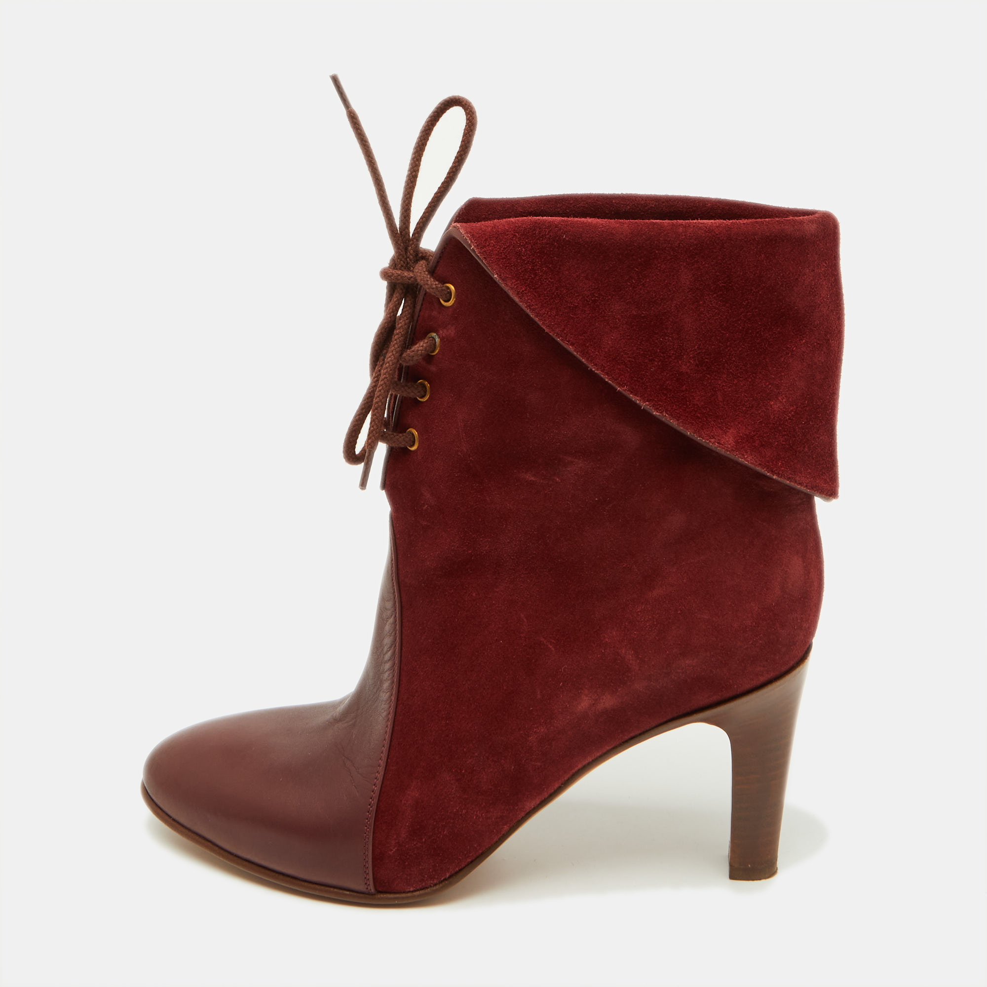 

Chloe Burgundy Suede and Leather Kole Lace Up Booties Size