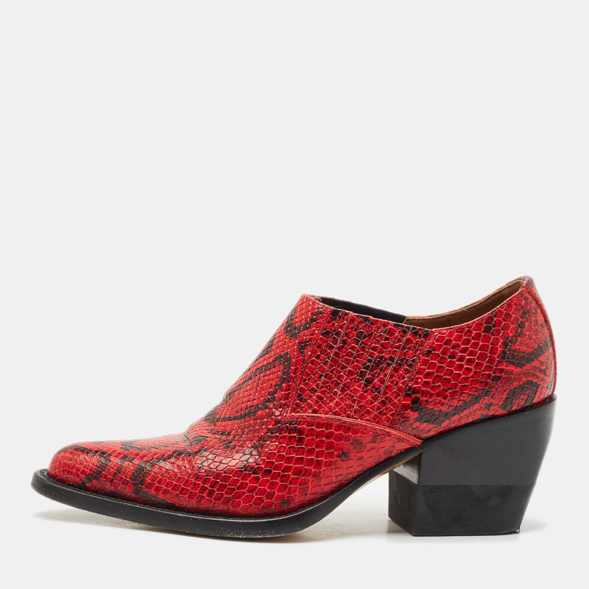 Pre-owned Chloé Red/black Snakeskin Embossed Leather Rylee Booties Size 36