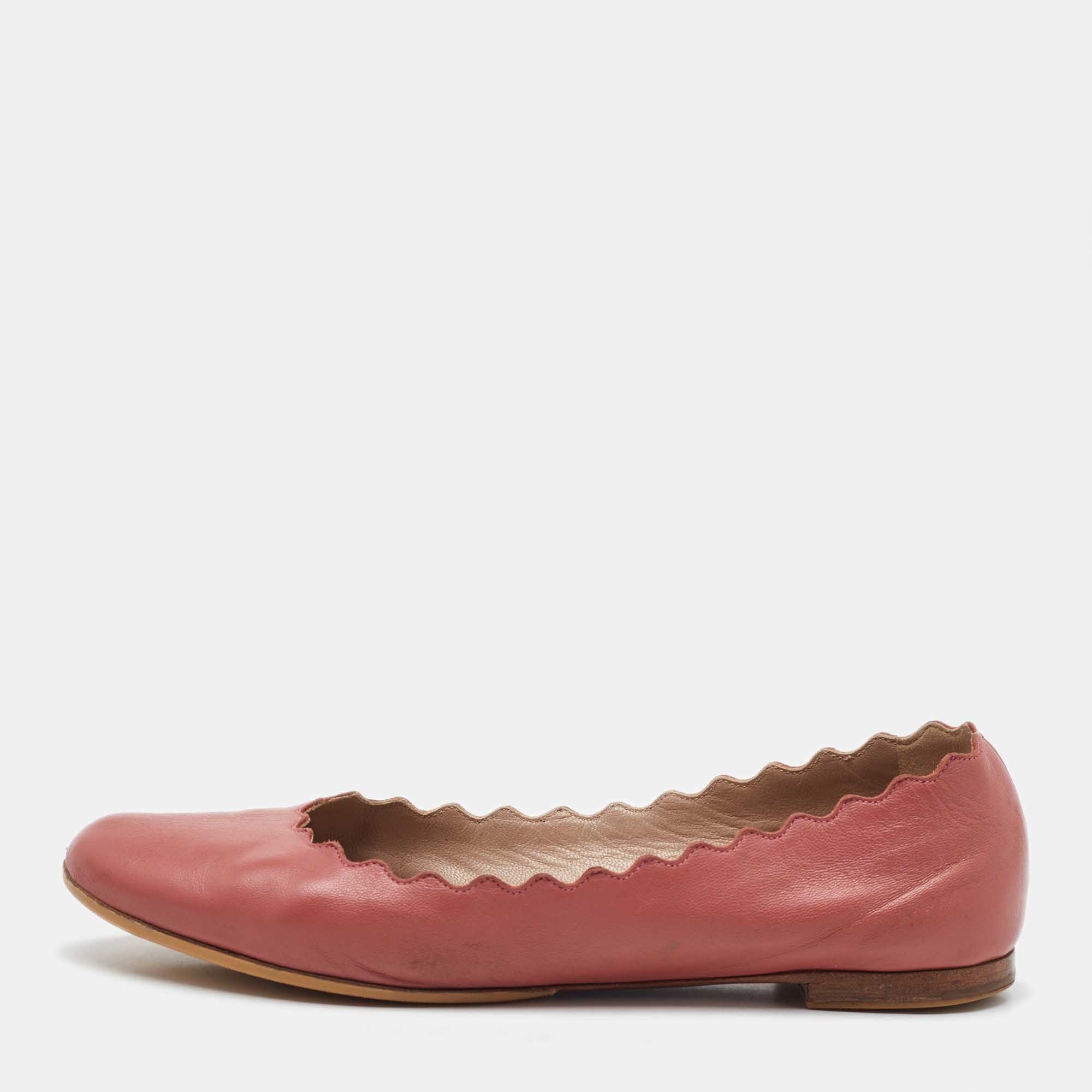 Pre-owned Chloé Peach Pink Scalloped Leather Lauren Ballet Flats Size 37