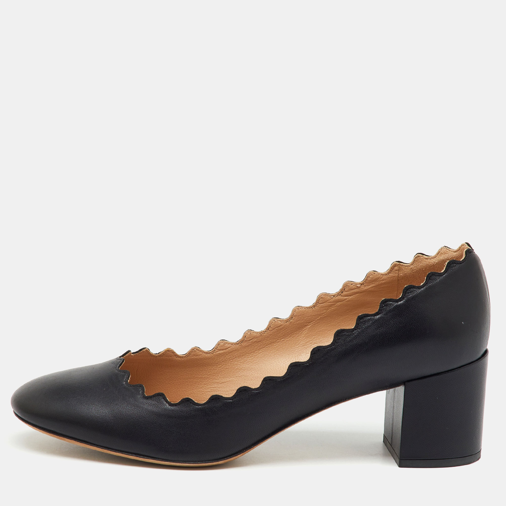 Pre-owned Chloé Black Leather Lauren Scallop Trim Block Heel Pumps Size 36.5