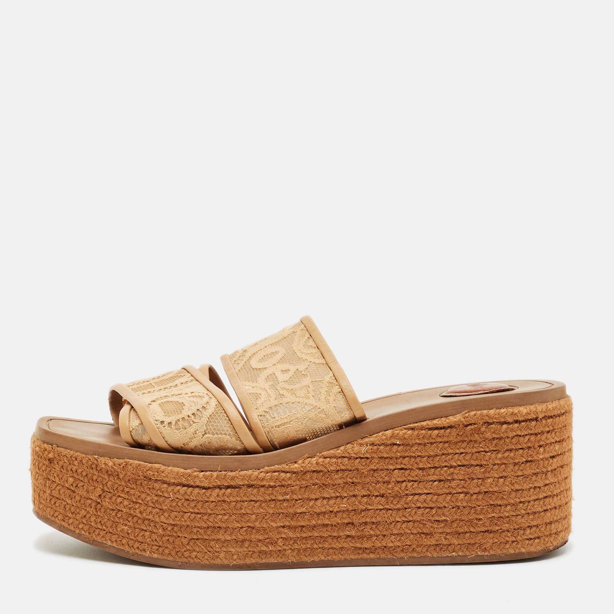 Pre-owned Chloé Brown Lace And Mesh Woody Platform Espadrille Sandals Size 40