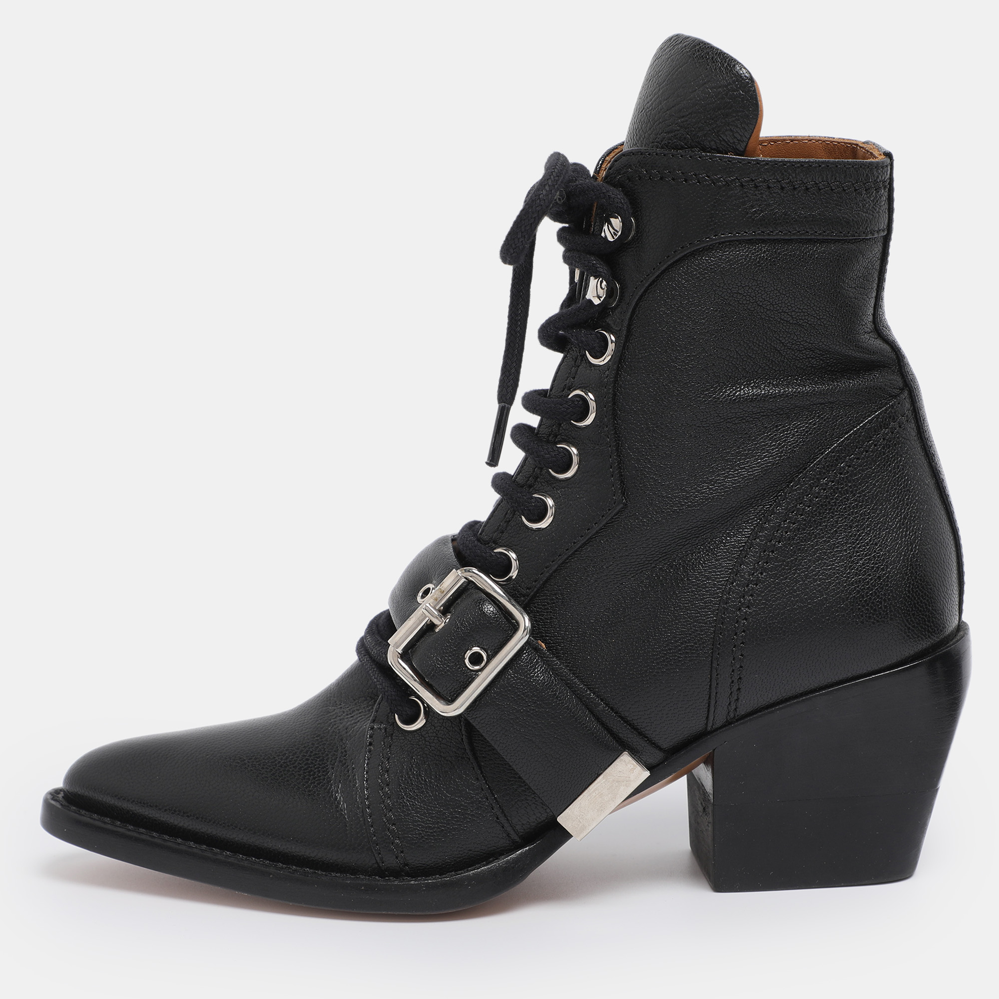 Pre-owned Chloé Black Leather Lace Up Booties Size 35