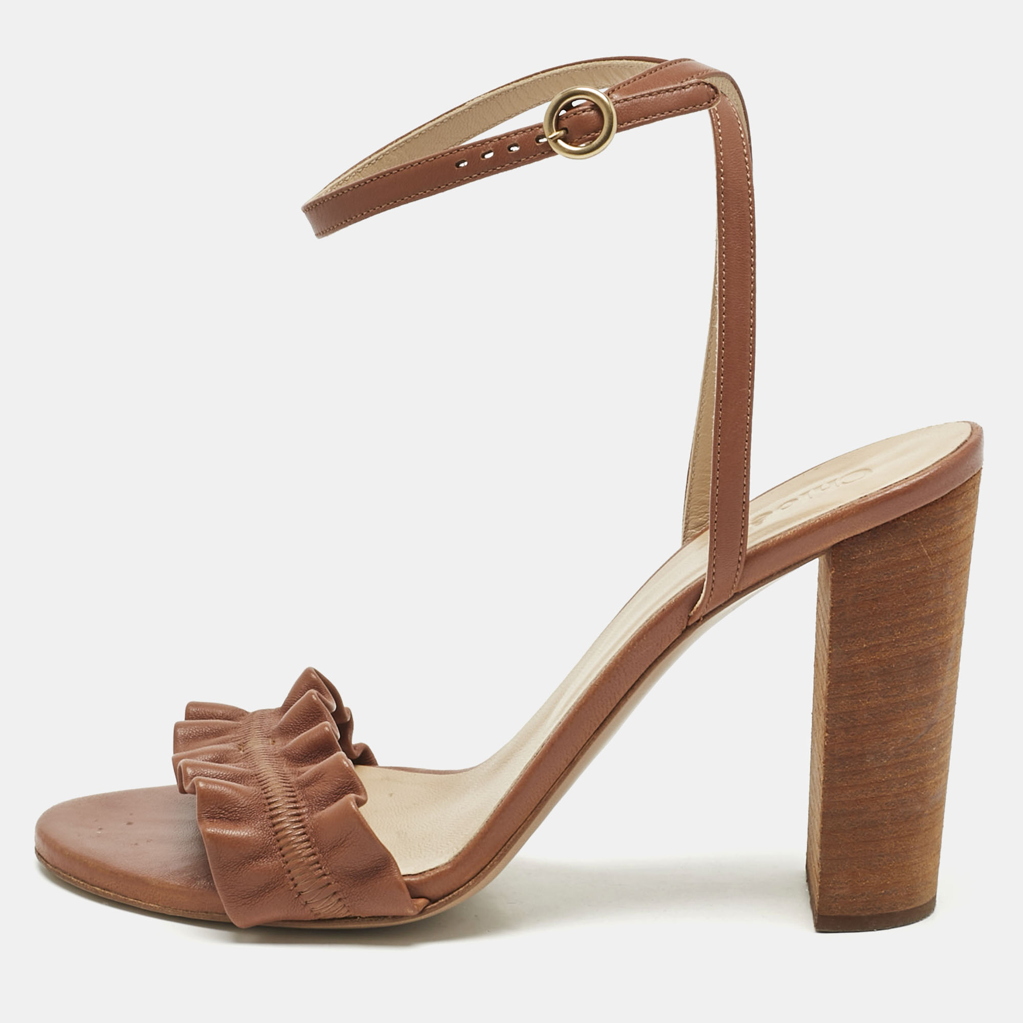 

Chloe Brown Leather Block Heel Ankle Strap Sandals Size