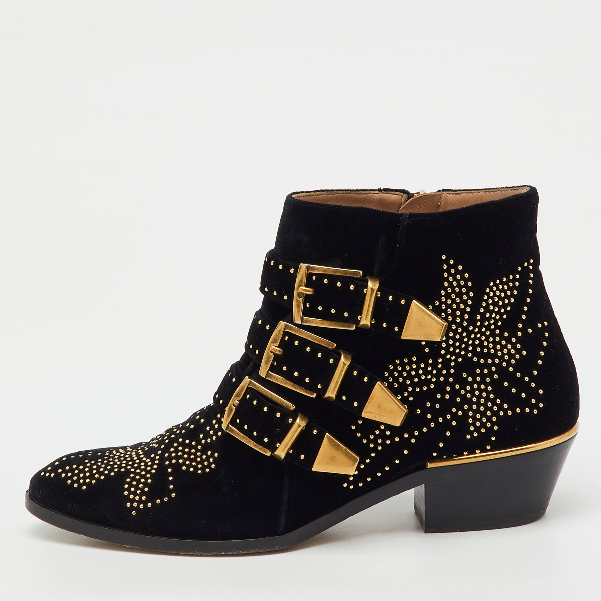 Chloe Black Velvet Susanna Studded Ankle Length Boots Size 37