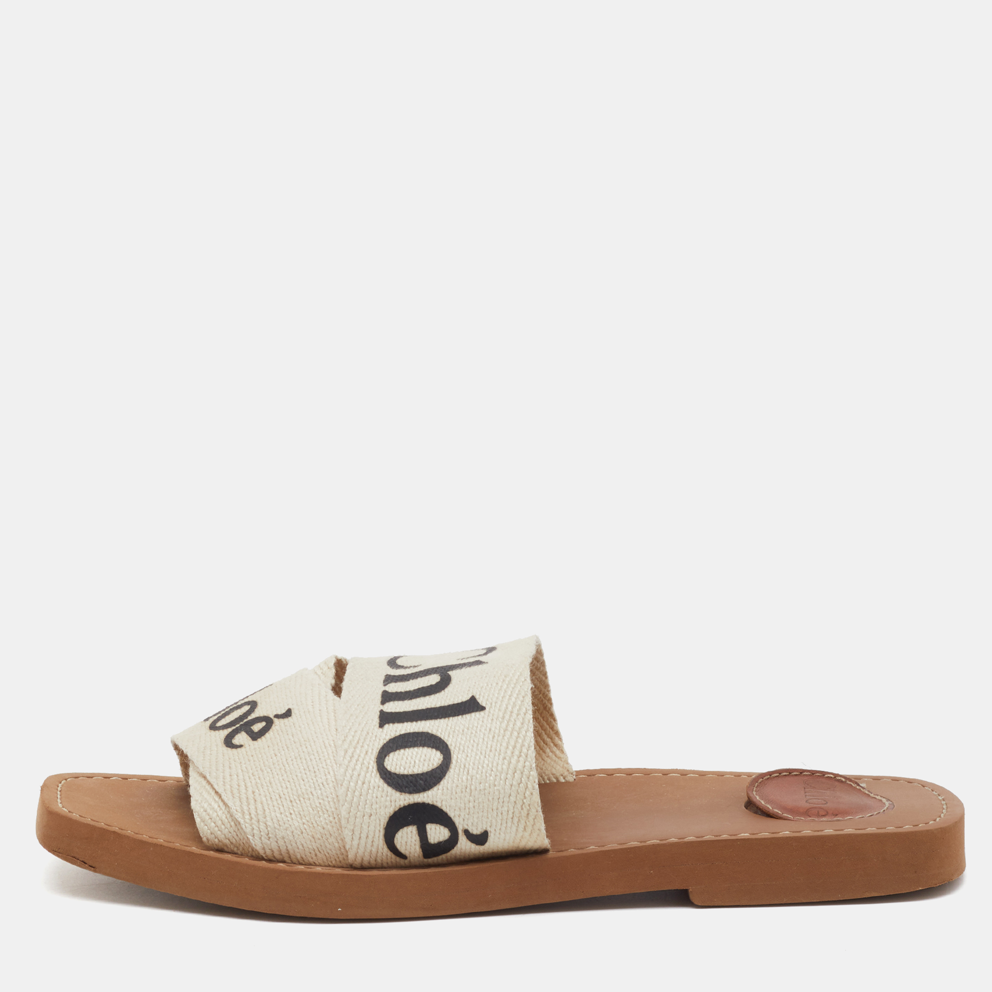 Pre-owned Chloé Off White Canvas Logo Ribbon Woody Flat Slide Sandals Size 38