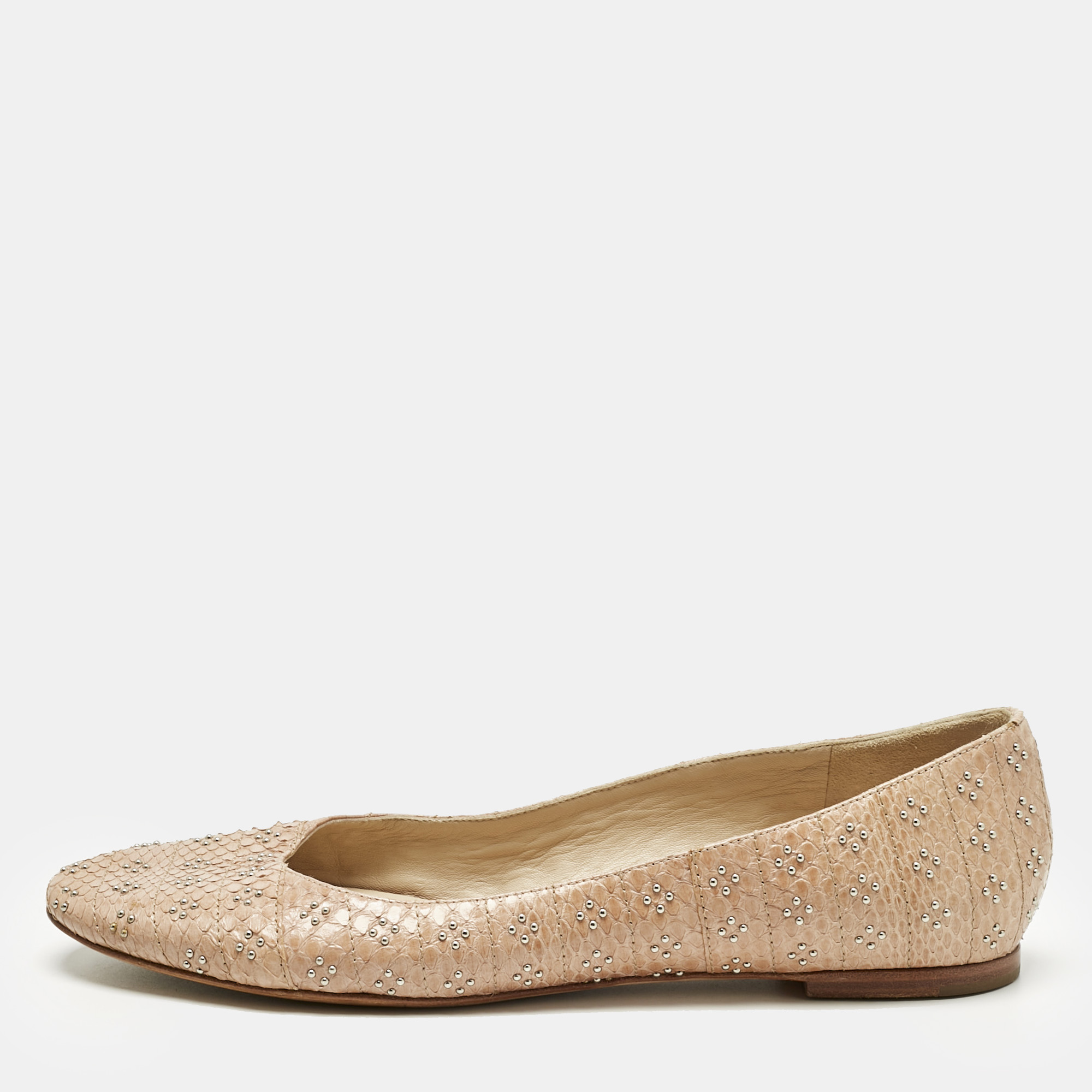 Pre-owned Chloé Beige Snakeskin Leather Studs Embellished Ballet Flats Size 40 In Sand
