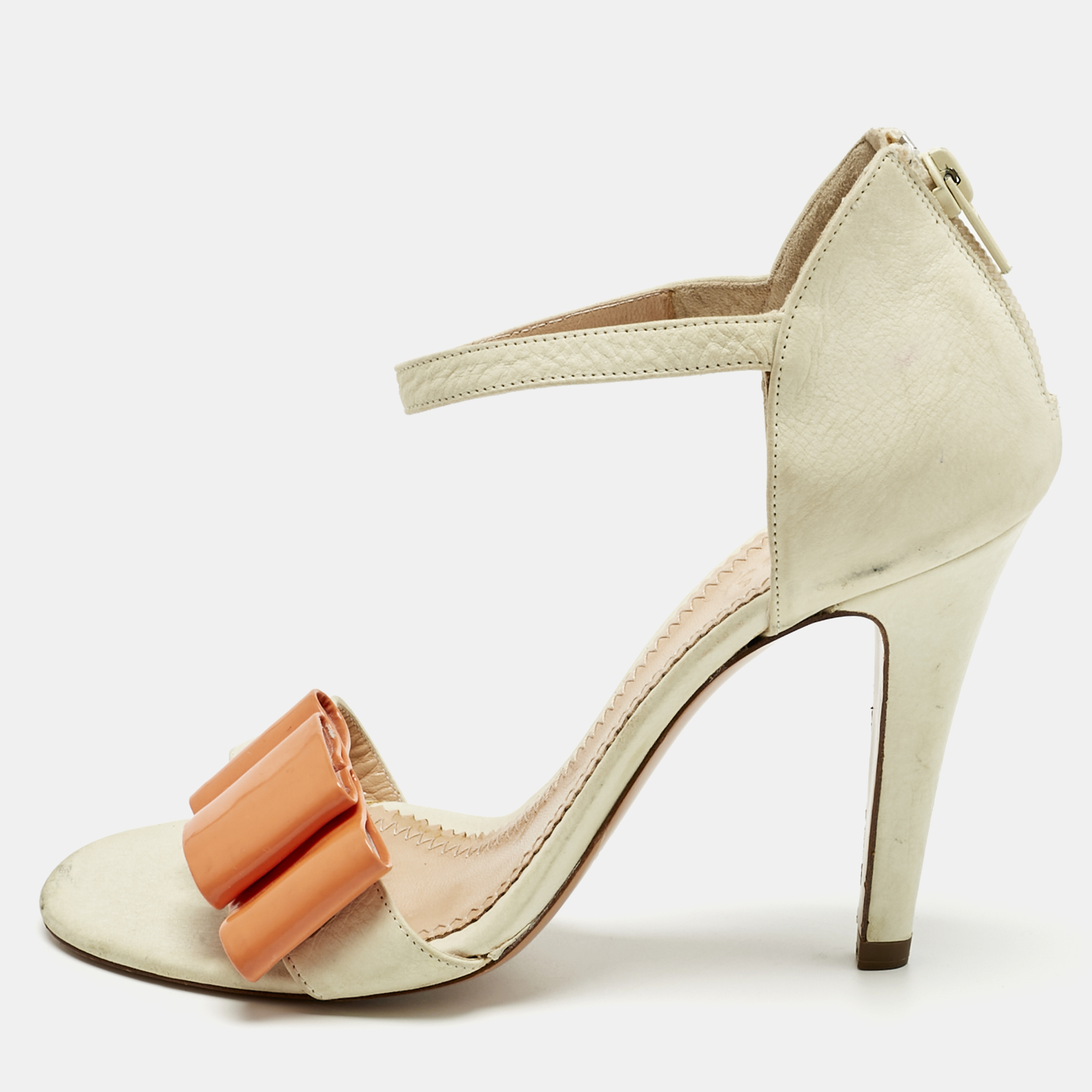 Pre-owned Chloé Cream Leather Bow Ankle Strap Sandals Size 37 In White