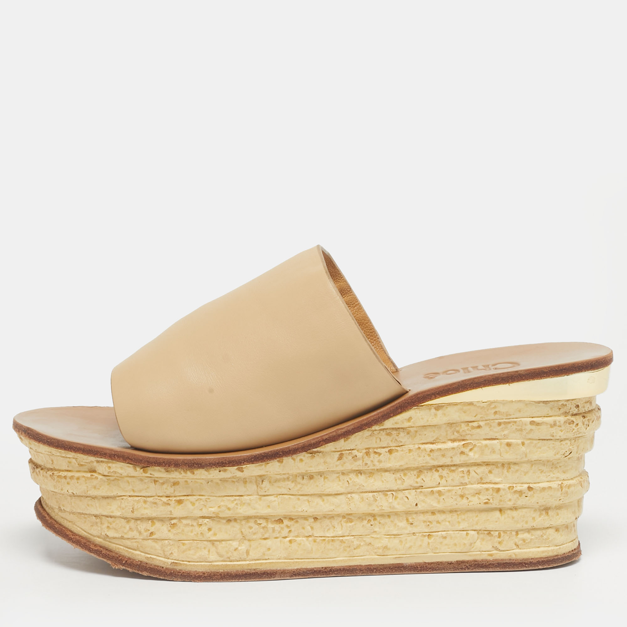 Pre-owned Chloé Beige Leather Wedge Slide Sandals Size 36