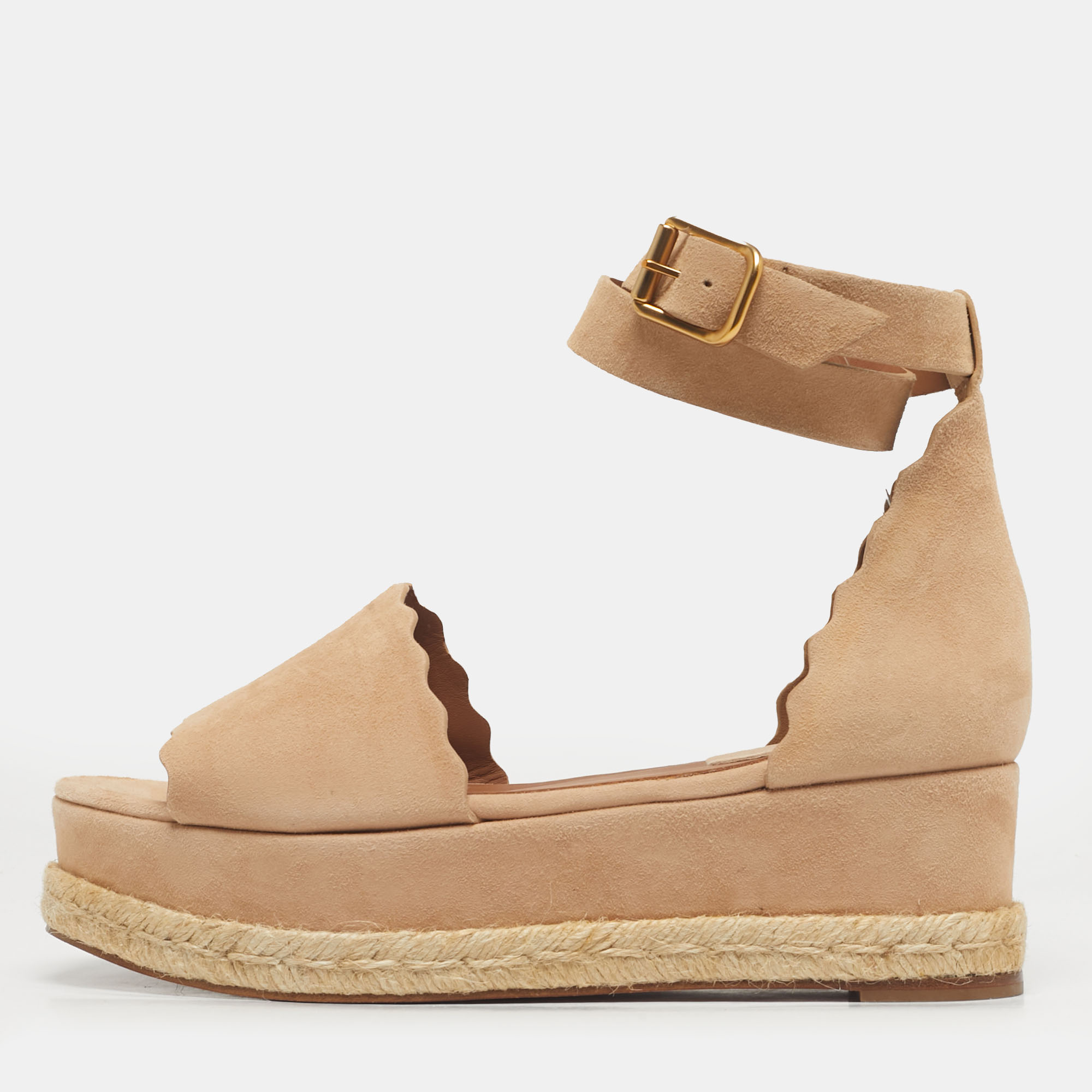 

Chloé Beige Suede Scalloped Lauren Flatform Sandals Size