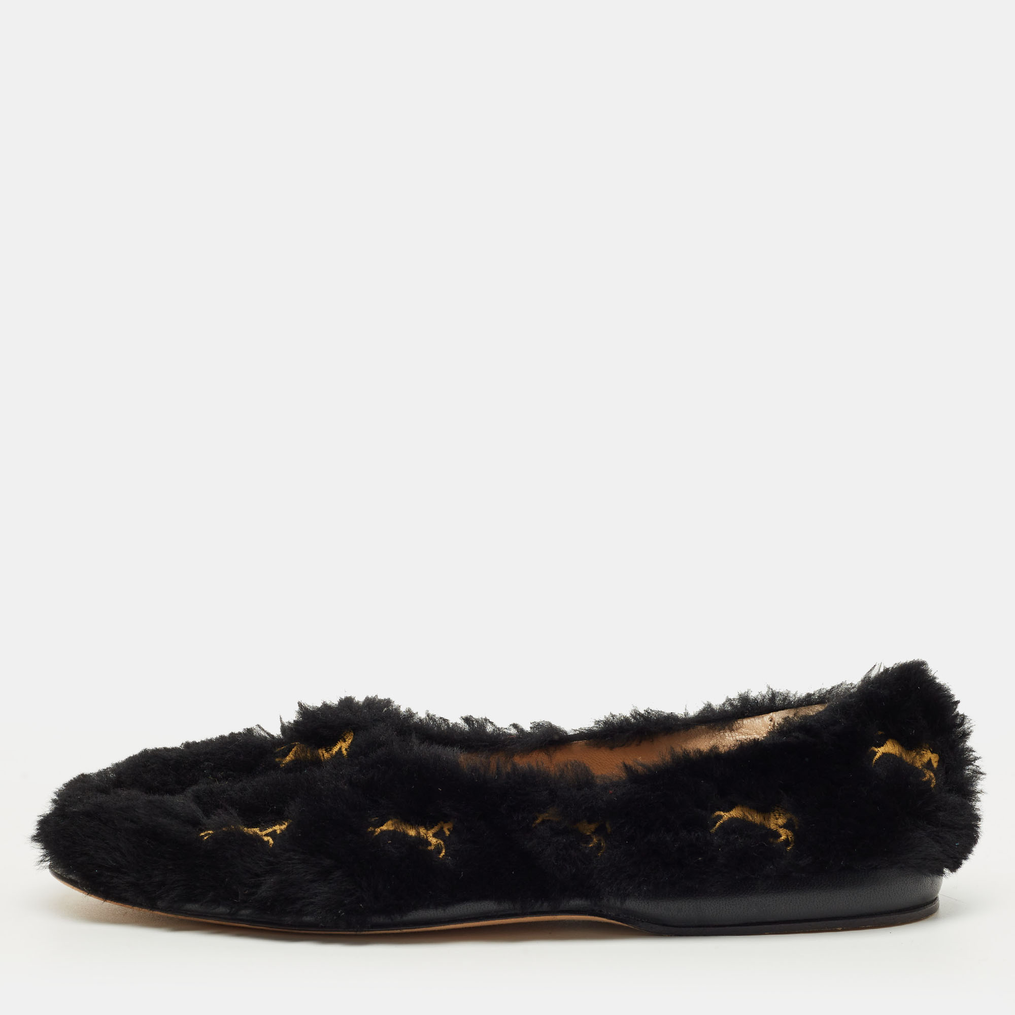 Pre-owned Chloé Black Fur Horse Embroidered Ballet Flats Size 37