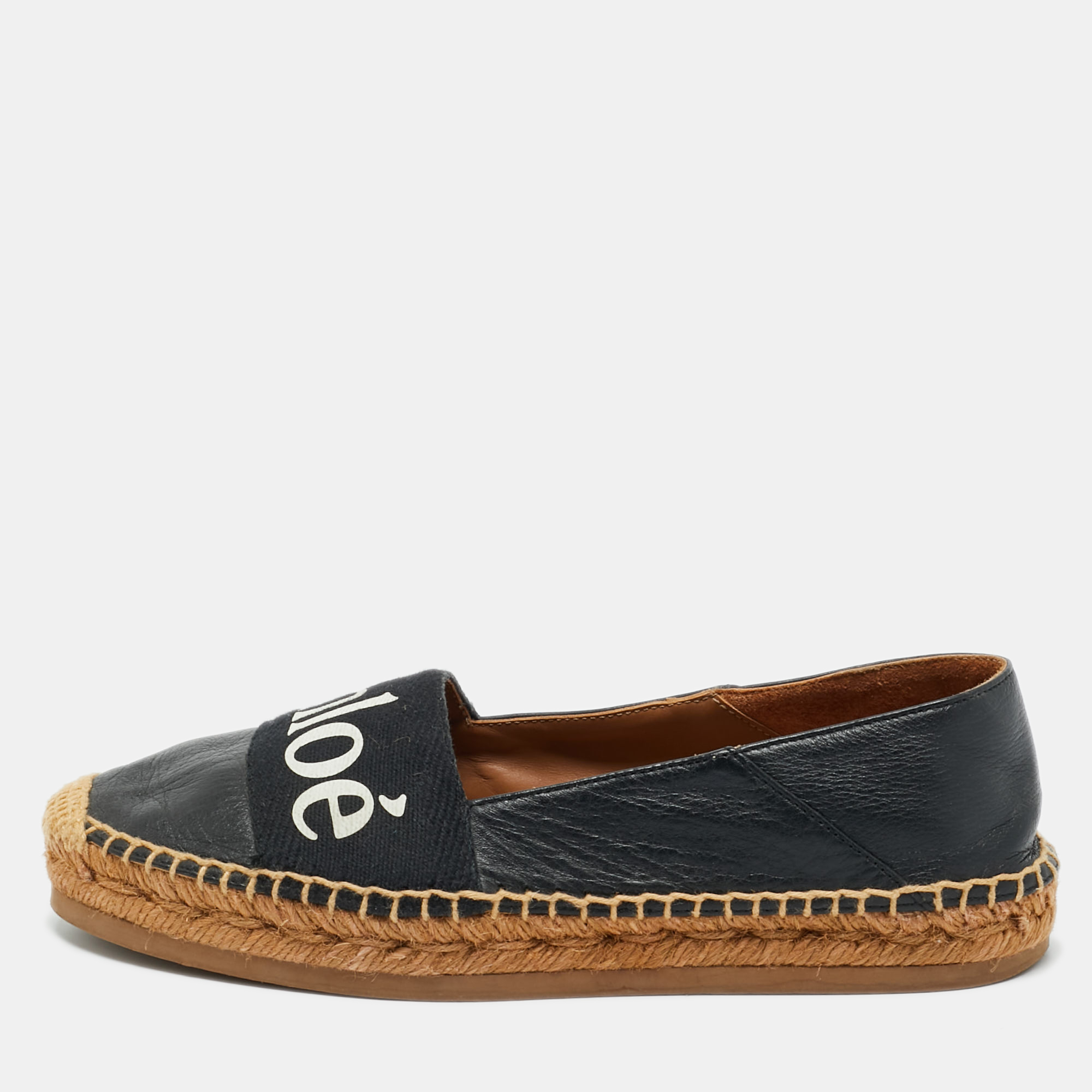 Pre-owned Chloé Black Leather And Logo Canvas Woody Espadrille Flats Size 36