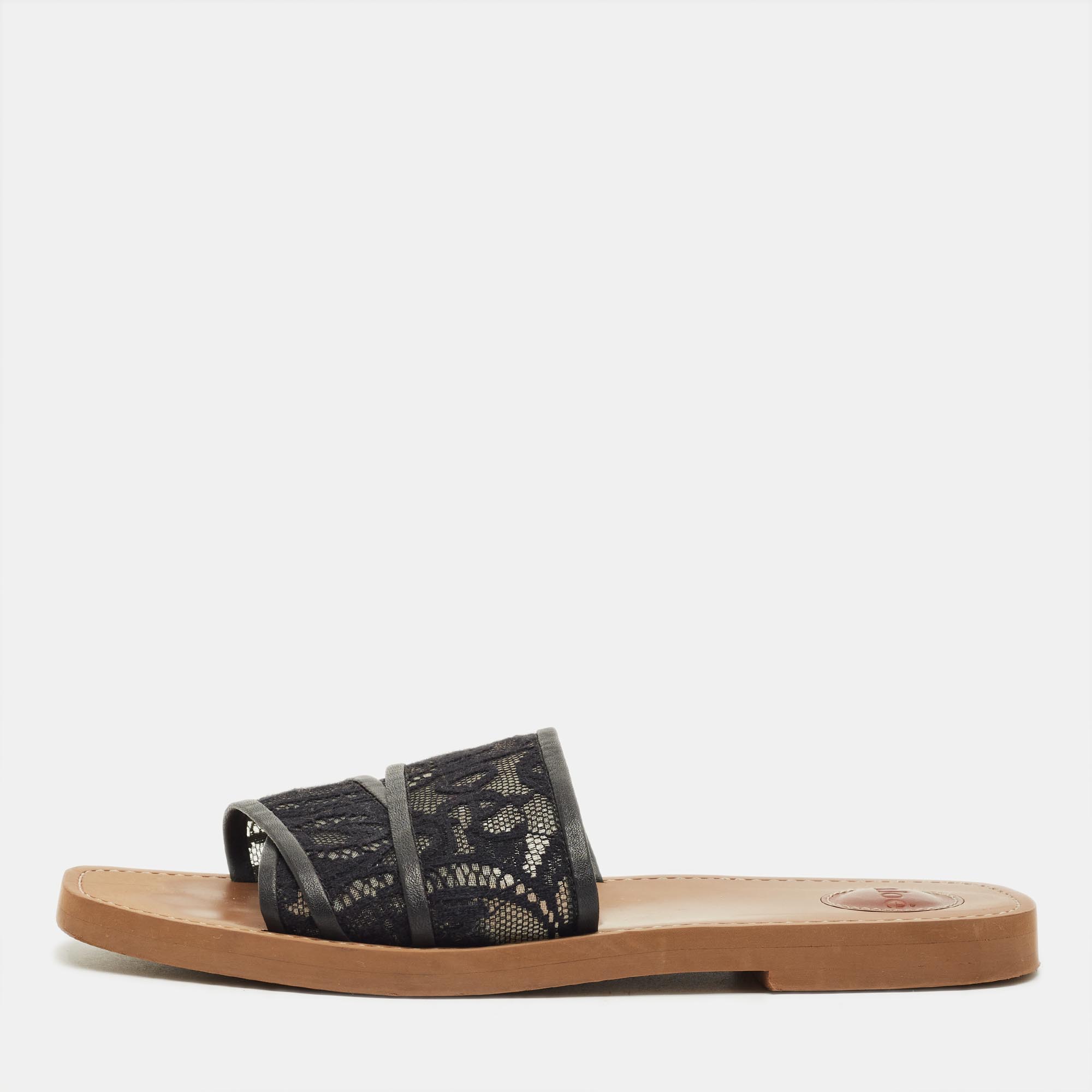 Pre-owned Chloé Black Lace And Leather Woody Flat Sandals Size 41