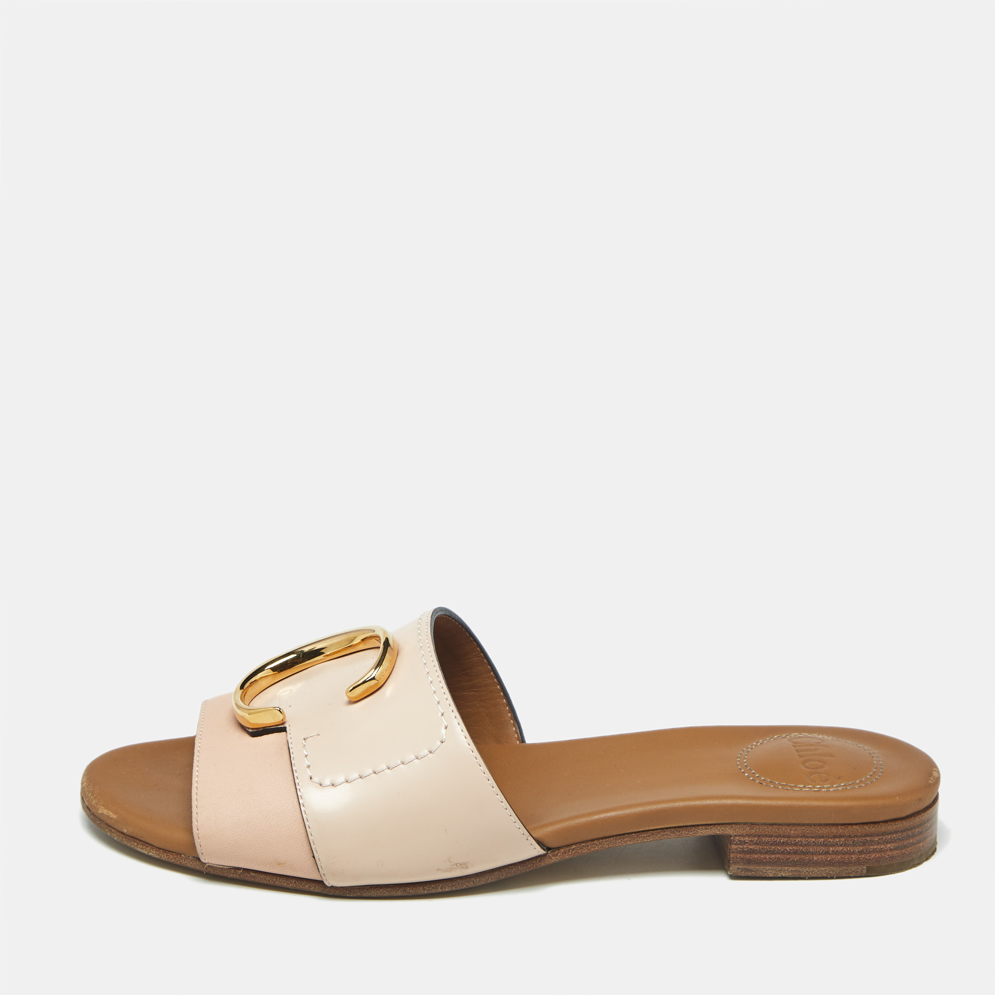 

Chloe Pink/Cream Leather Flat Slides Size, Beige