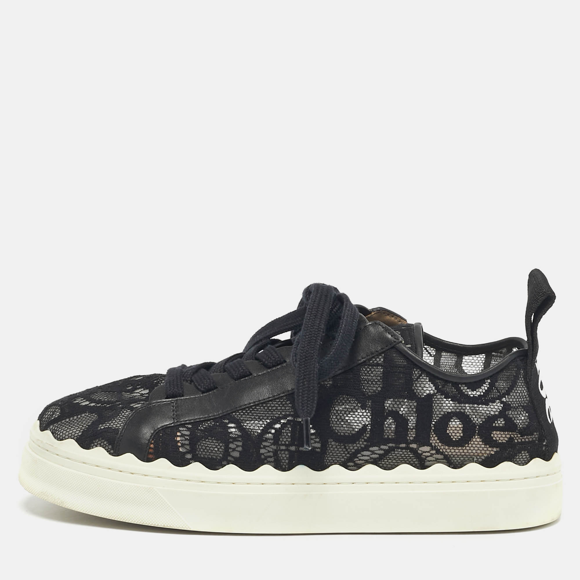 Pre-owned Chloé Black Lace And Leather Lauren Platform Low Top Sneakers Size 41