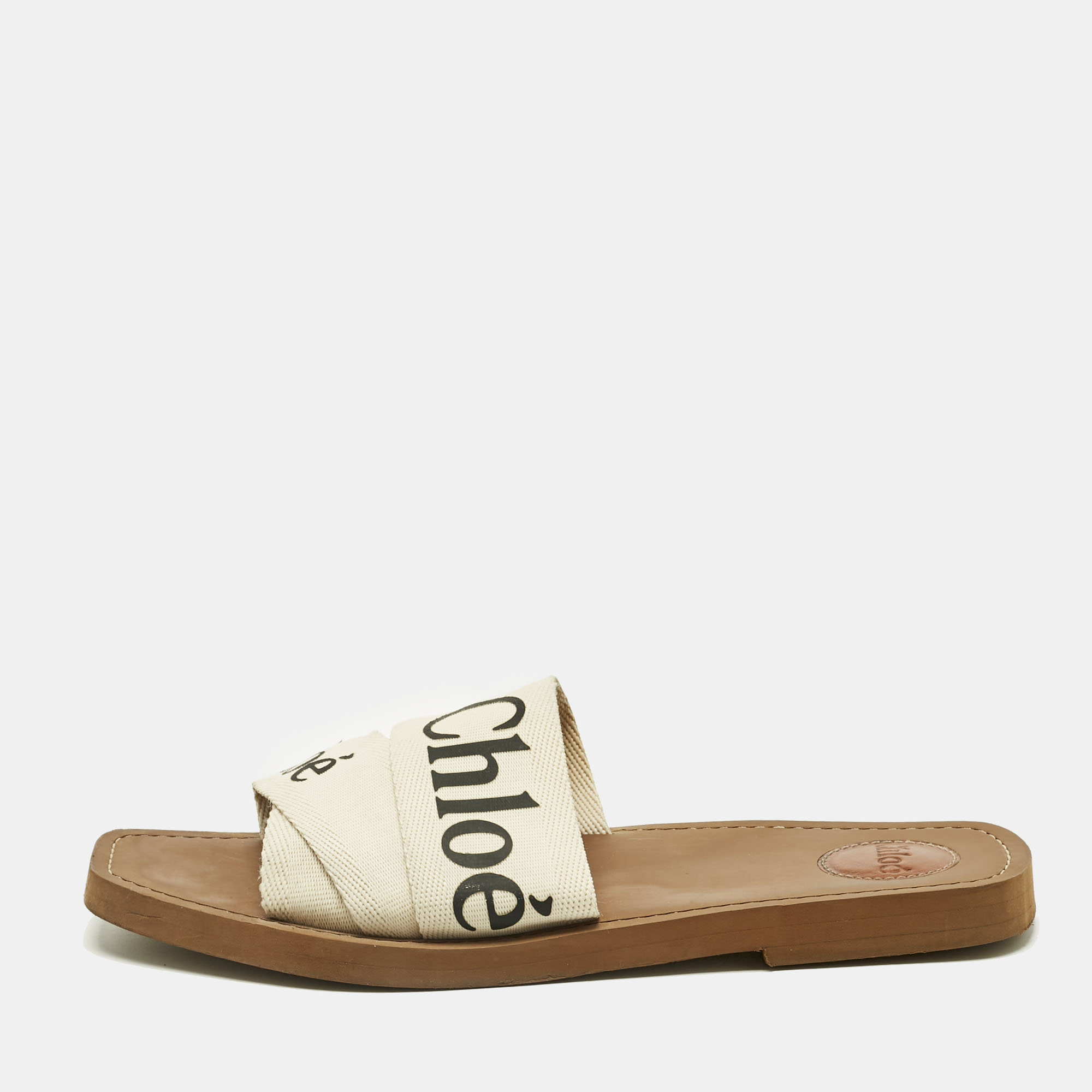 Pre-owned Chloé White Fabric Woody Flat Slides Size 41
