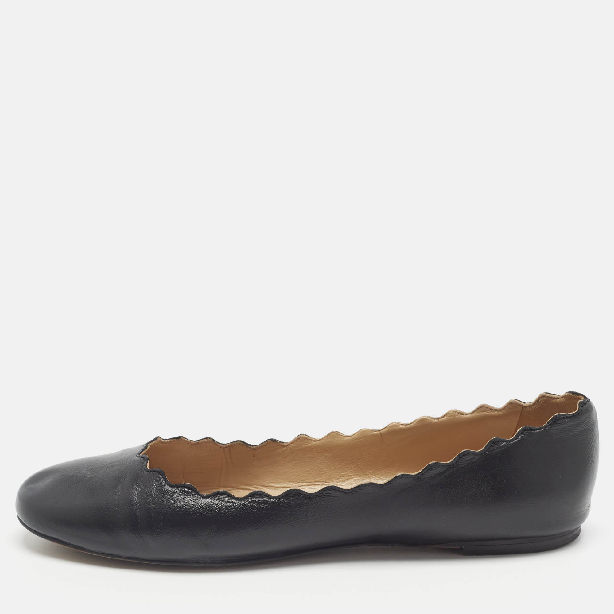 Pre-owned Chloé Black Leather Lauren Scalloped Ballet Flats Size 41