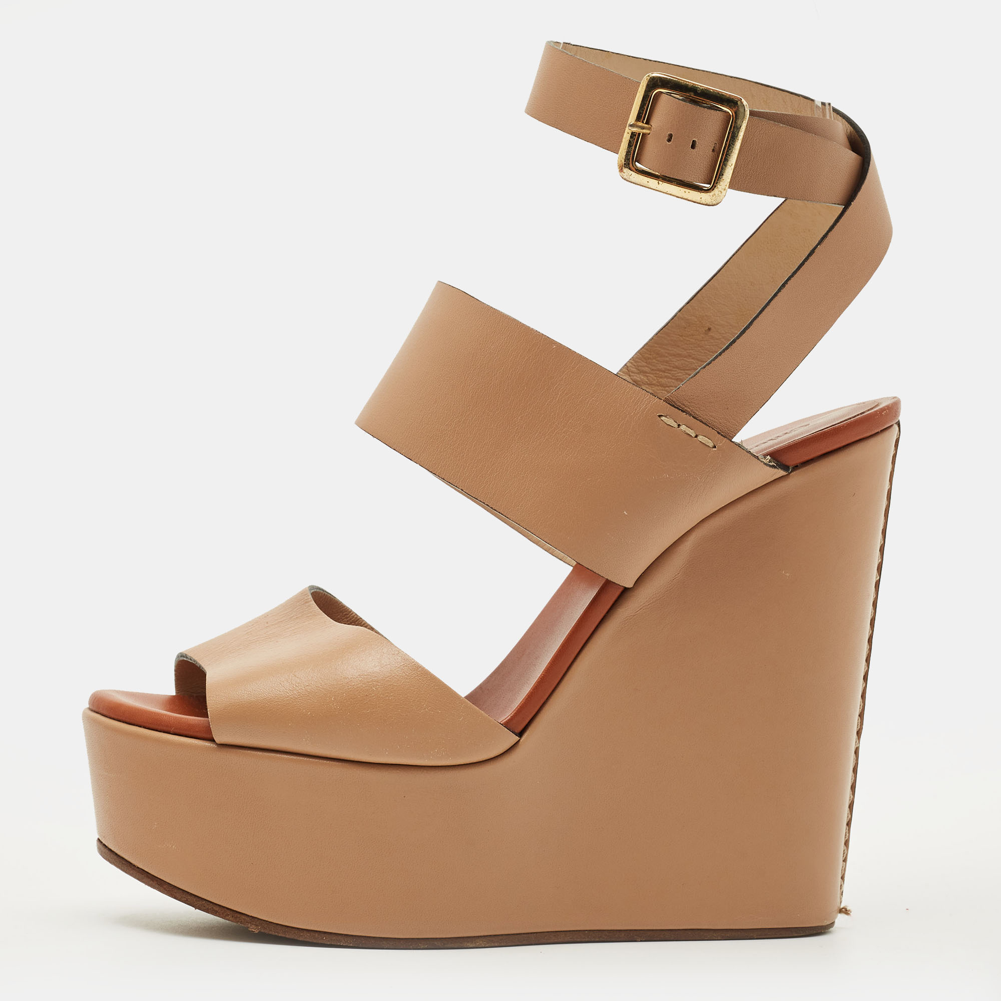 Pre-owned Chloé Size 38 Beige Leather Wedge Ankle Wrap Sandals