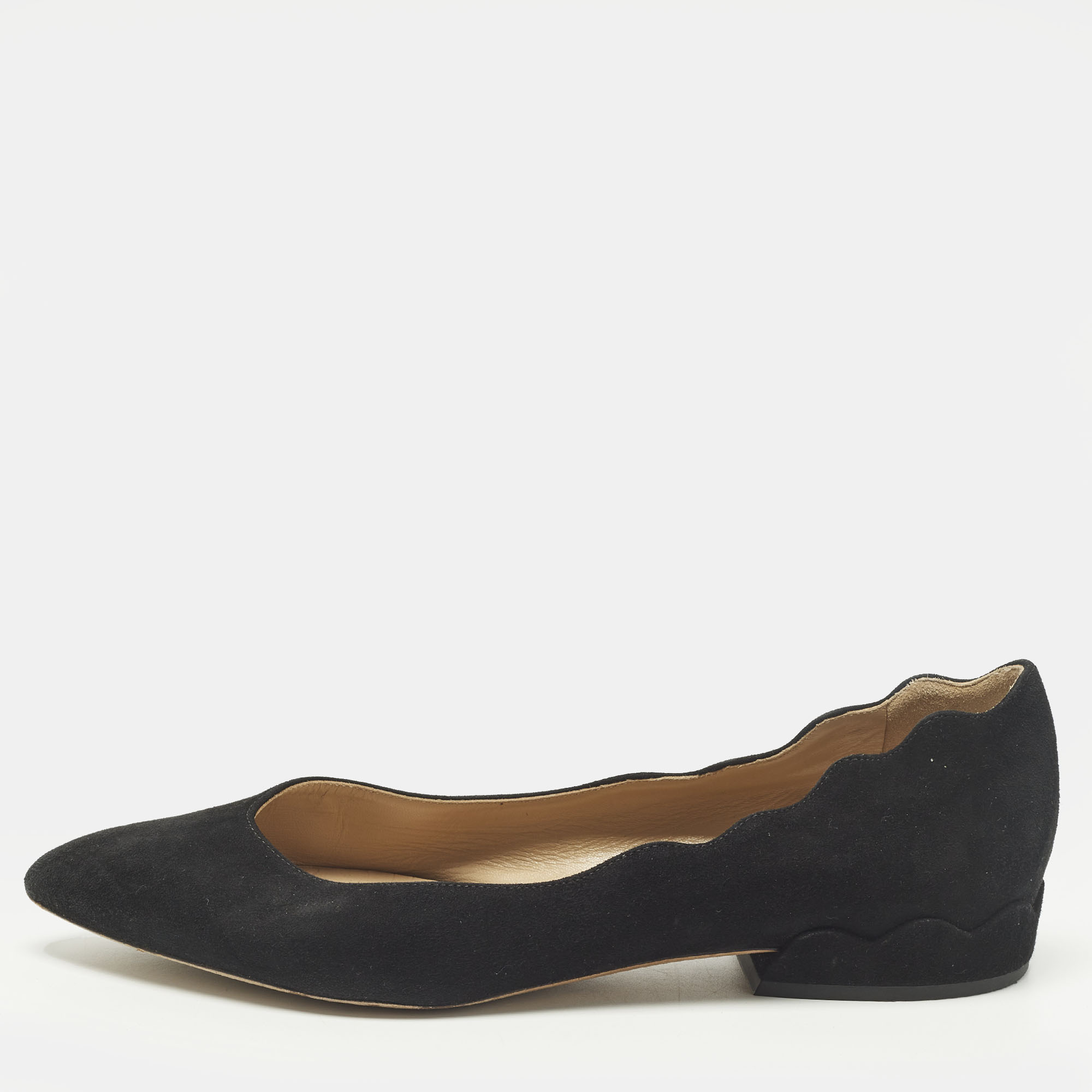 Pre-owned Chloé Laurena Scalloped Size 38 Black Suede Ballet Flats
