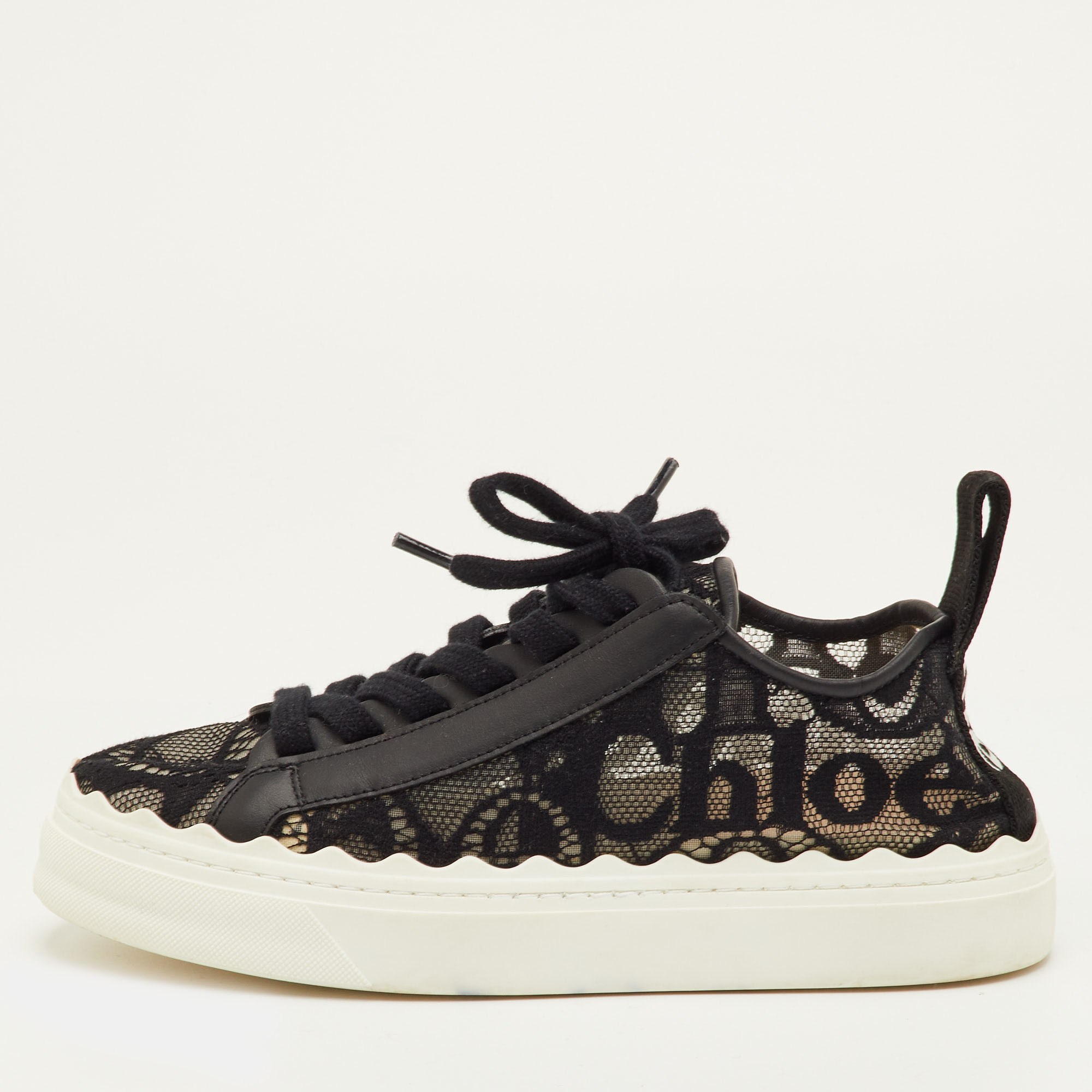 

Chloe Lauren Size  Black Lace and Leather Low Top Sneakers