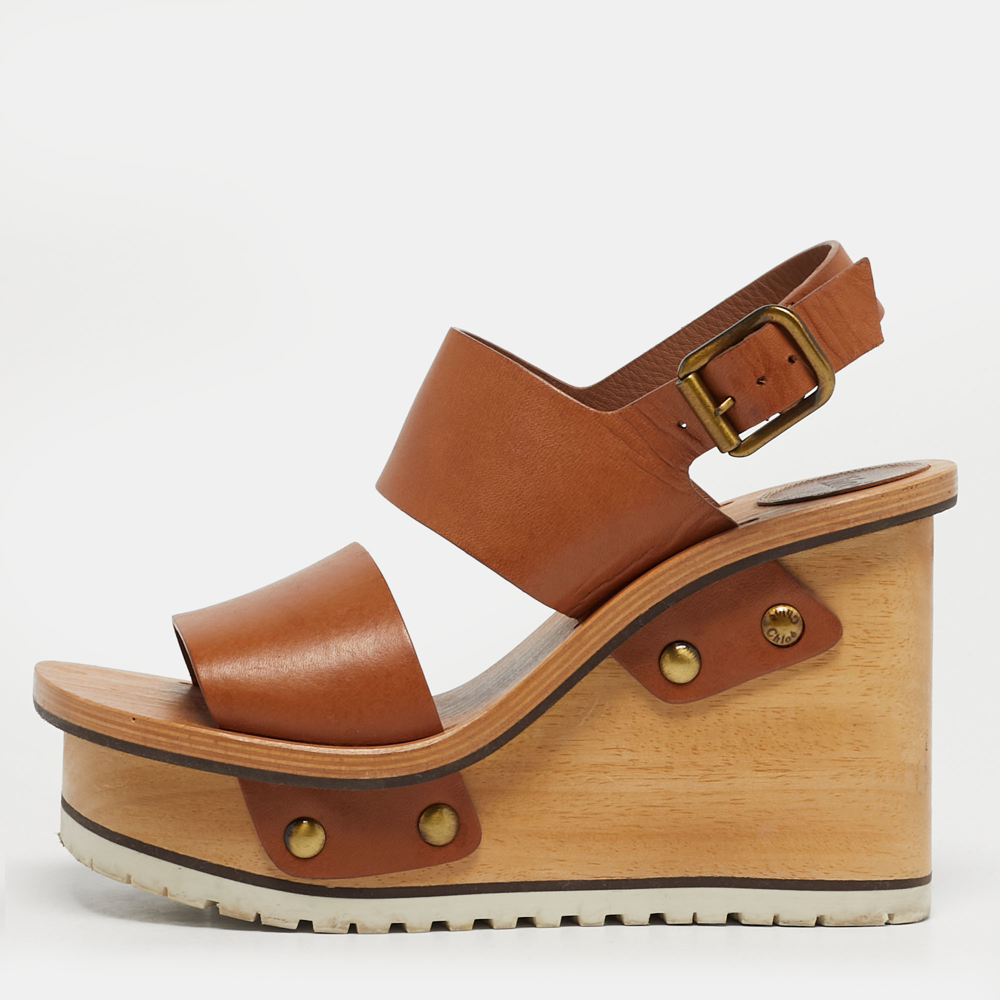 Pre-owned Chloé Size 37 Brown Leather Ankle Strap Wedge Sandals