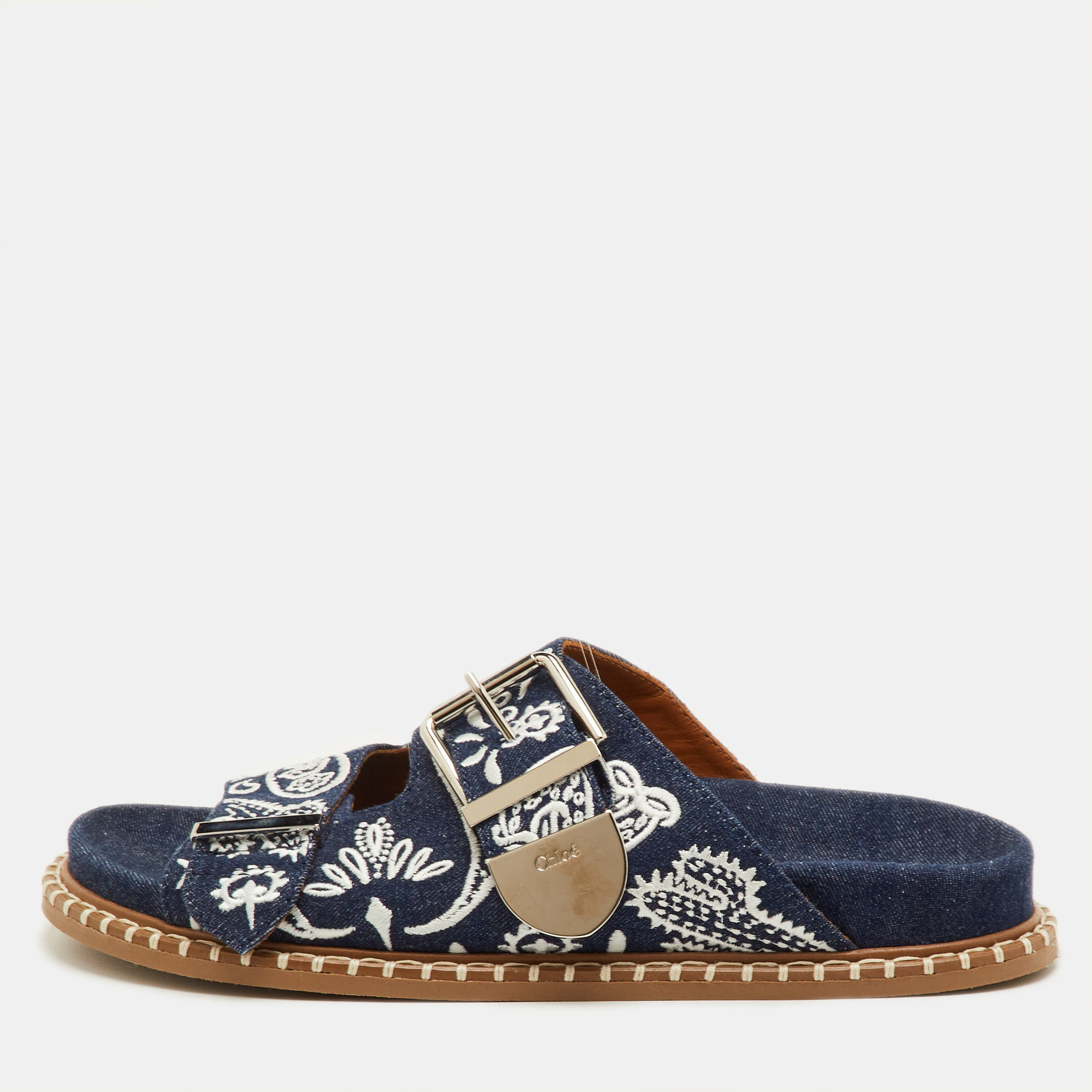 

Chloe Rebecca Size  Navy Blue Embroidered Denim Slide Sandals
