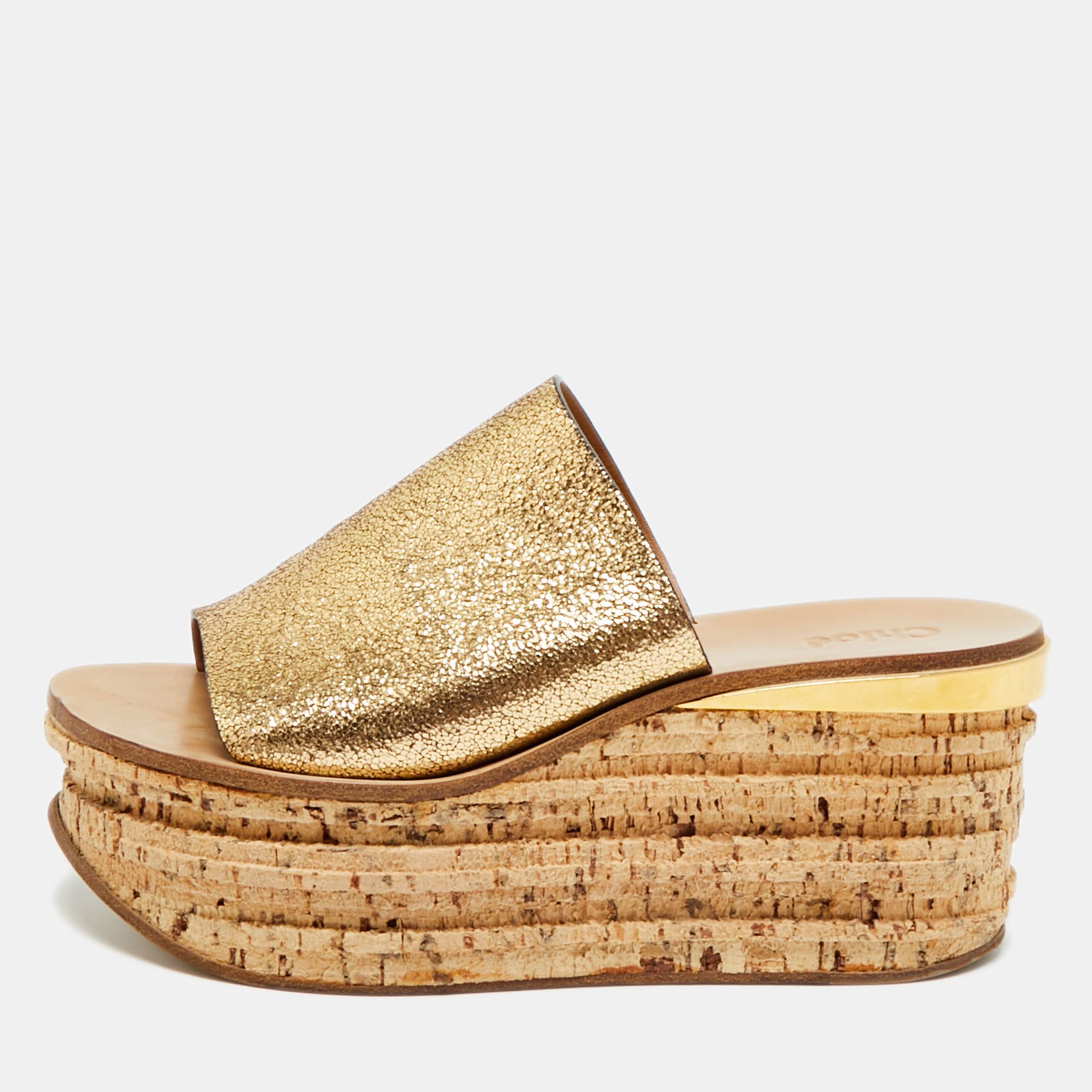 

Chloe Size  Gold Foil Leather Cork Wedge Sandals