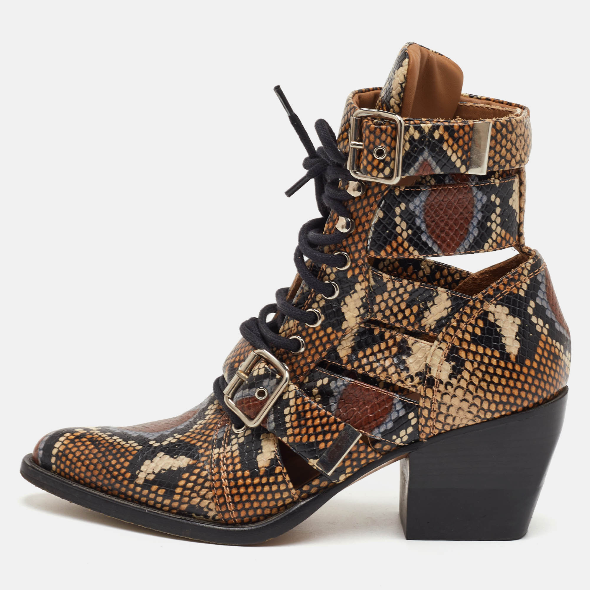

Chloe Rylee Size  Brown/Black Python Embossed Leather Ankle Length Boots