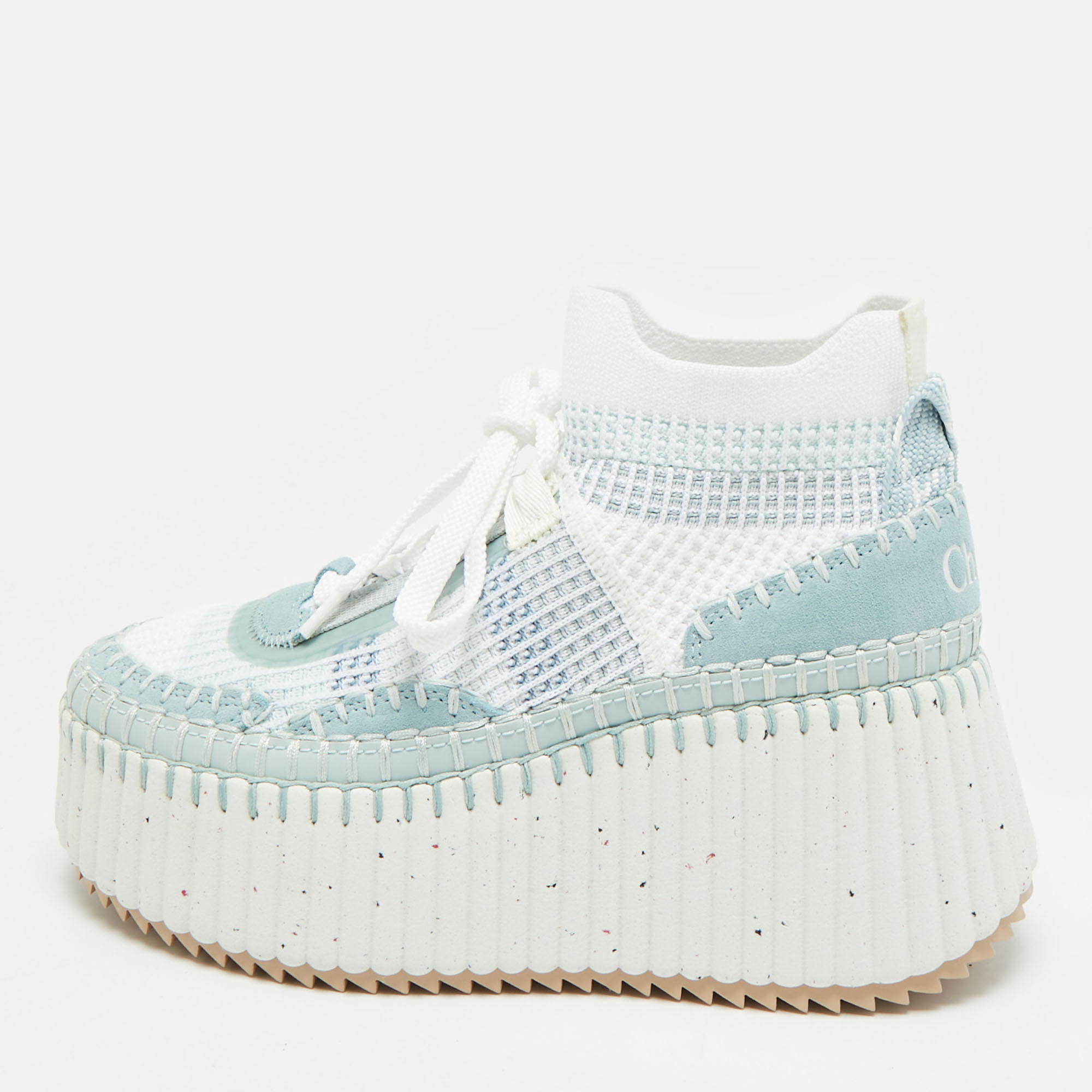 

Chloe Nama Size  Blue/White Knit Fabric and Suede Wedge Sneakers