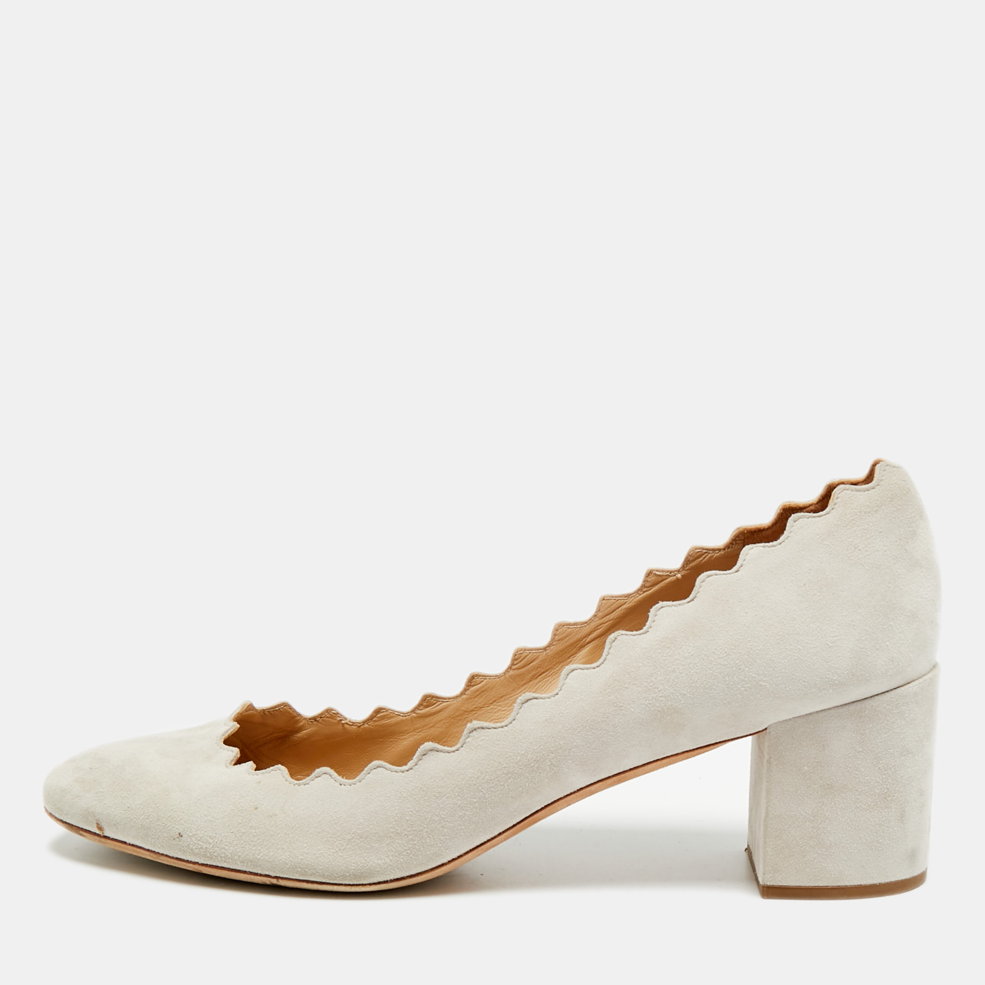 

Chloe Laurena Scalloped Size  Light Grey Suede Block Heel Pumps