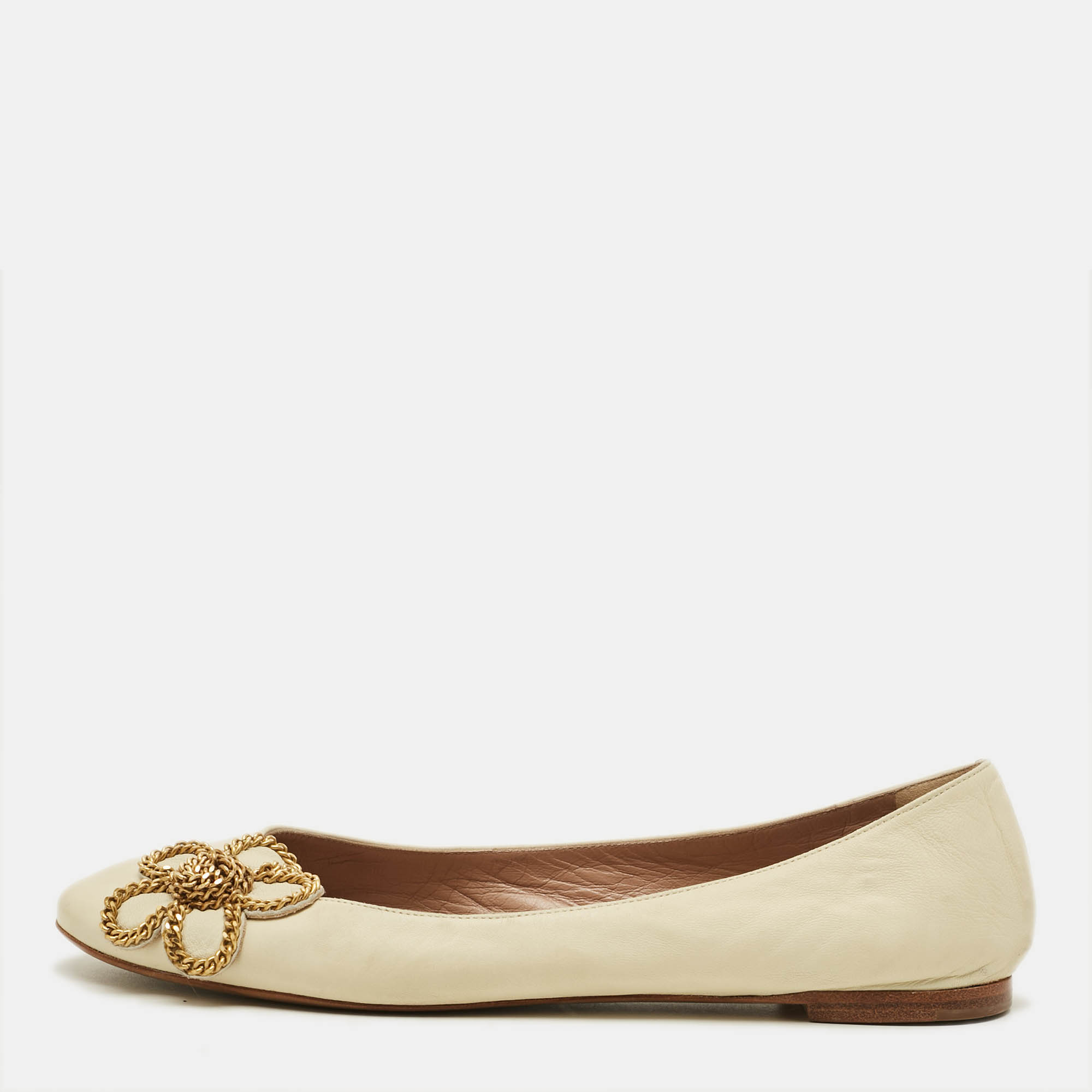 Pre-owned Chloé Laurena Scalloped Size 38 Cream Leather Ballet Flats In White