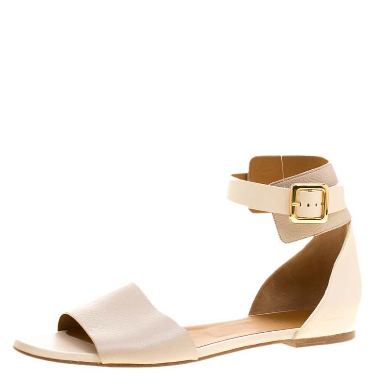 Chloe Two Tone Leather Ankle Cuff Flat Sandals Size 41