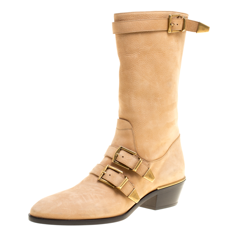 Pre Owned Chloe Beige Leather Susanna Buckle Detail Boots Size 38