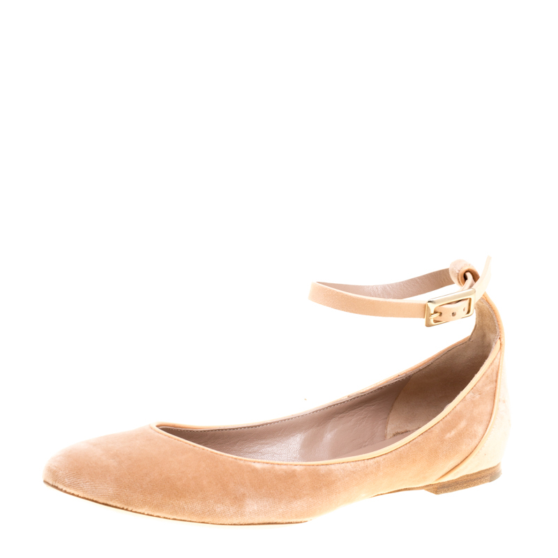 Pre Owned Chloe Beige Velvet Heaven Ankle Strap Flats Size 36.5