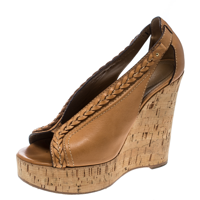 Chloe Brown Leather Braided Detail Cork Wedge Sandals Size 39.5