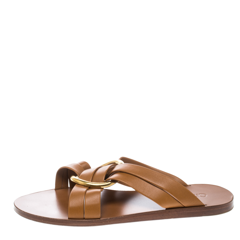 

Chloe Brown Leather Rony Crisscross Flat Sandals Size