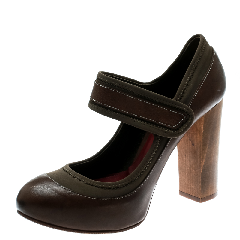 

Chloe Brown Leather And Khaki Fabric Mary Jane Block Heel Platform Pumps Size