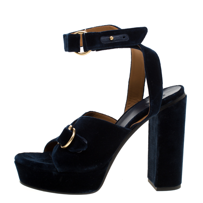 

Chloe Dark Blue Velvet Block Heel Cross Strap Platform Sandals Size