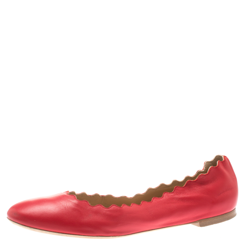 Chloe Red Leather Lauren Scalloped Ballet Flats Size 40.5