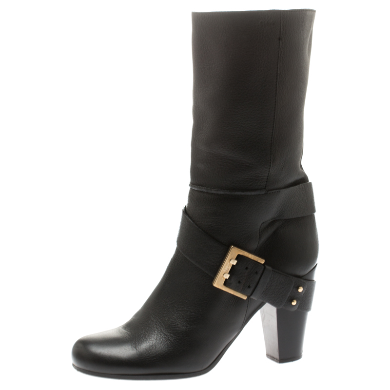 Chloe Black Leather Mid-Calf Buckle Boots Size 38.5