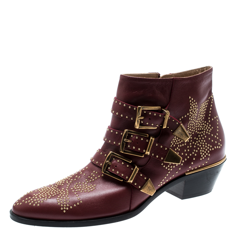 Pre Owned Chloe Maroon Studded Leather Susanna Buckle Detail Ankle Boots Size 40.5
