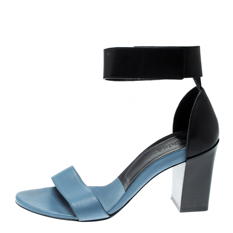 

Chloe Blue/Black Leather Ankle Cuff Block Heel Sandals Size