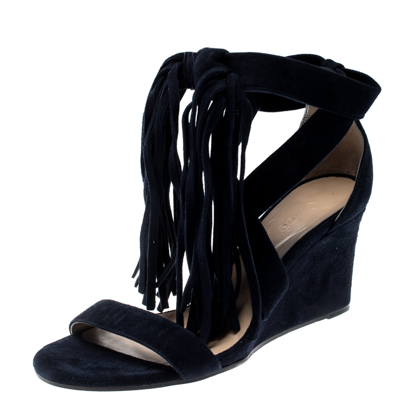 Chloe Blue Suede Cross Strap Fringe Tassel Detail Wedge Sandals Size 36