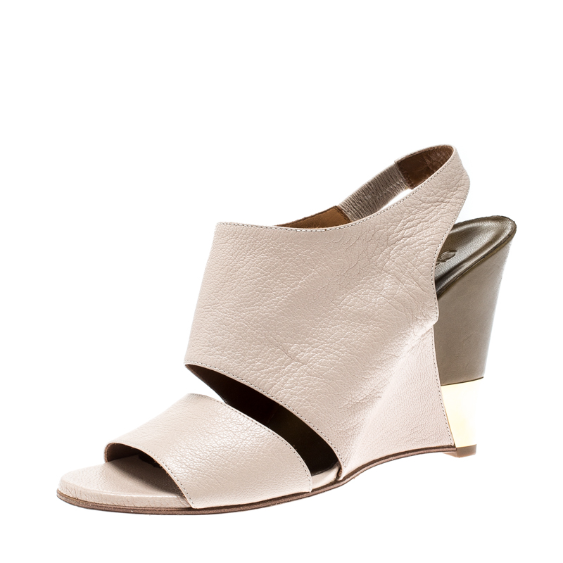 Pre Owned Chloe Beige Leather Estel Peep Toe Slingback Wedges Size 38