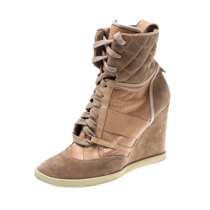 Pre Owned Chloe Pink Suede And Leather Lace Up Wedge Ankle Boots Size 40