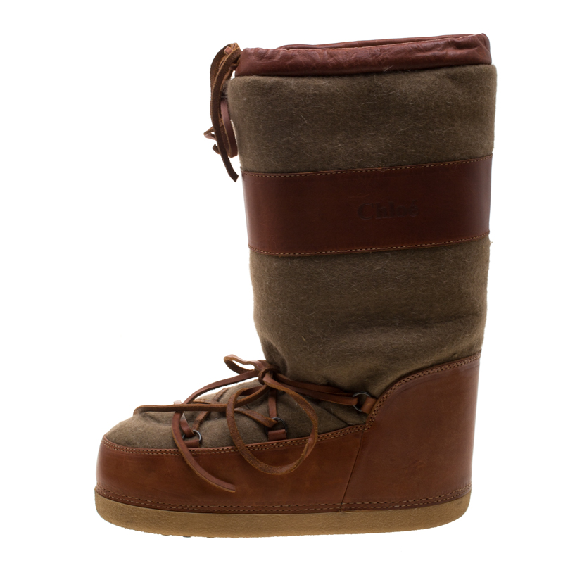 

Chloe Brown Leather And Wool Fabric Moon Boots Size