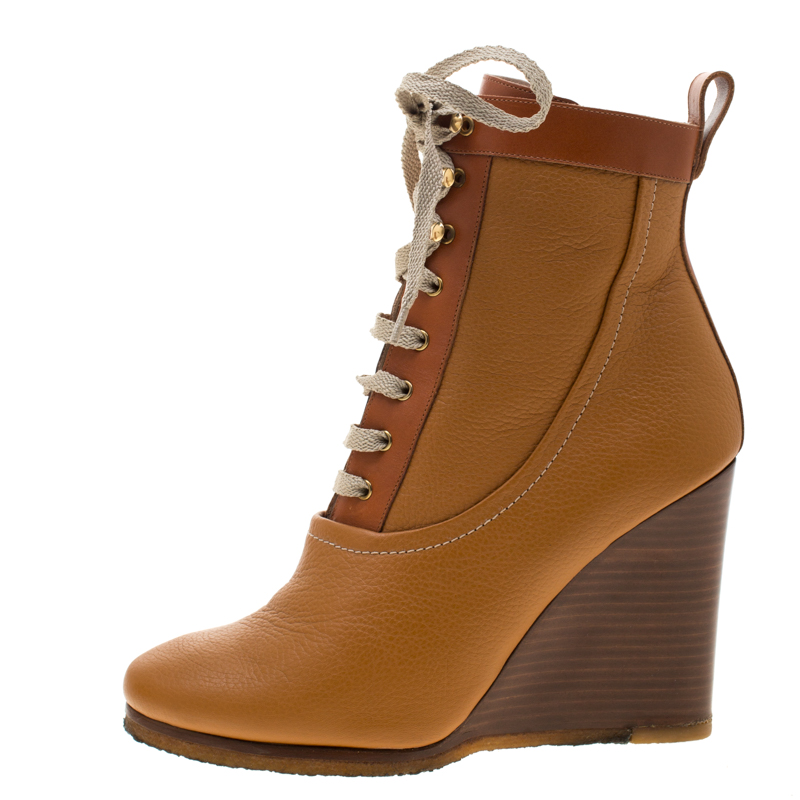 

Chloe Bown Leather Lace Up Wedge Ankle Boots Size, Brown